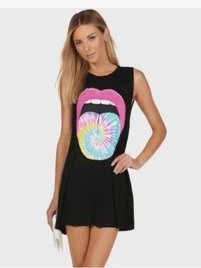 Lauren Moshi Black Sleeveless Mini Tee Dress Tie Dye Size Small Summer